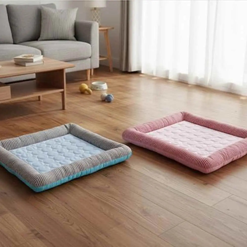 Tapis rafraîchissant pour chat rectangulaires bleu et rose, bords côtelés et surface claire