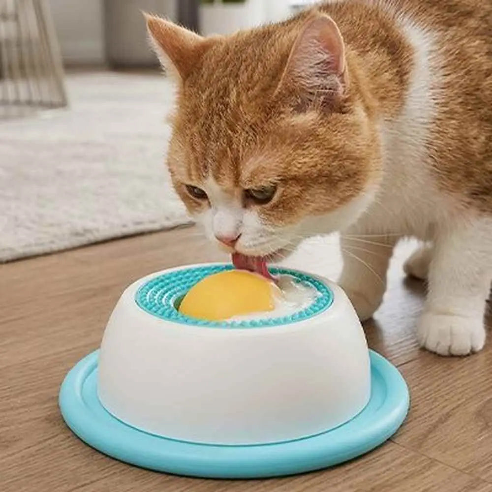 Gamelle anti-glouton Chat CenterPlus, base bleue, auge blanche avec œuf jaune