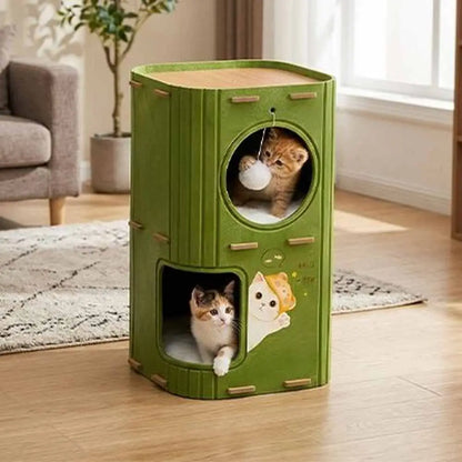 Niche pour chat cubique vert, ouverture ronde et petite porte rectangulaire