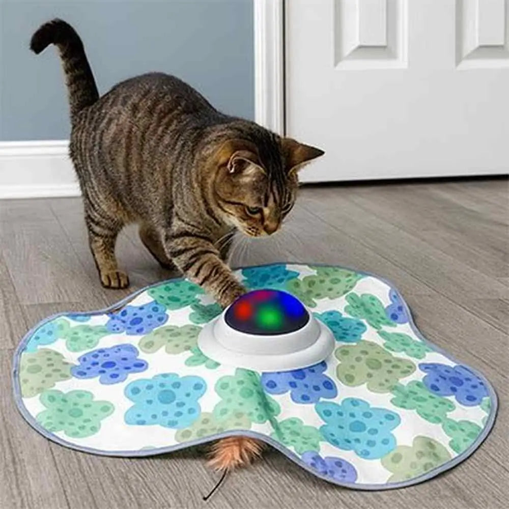 Jouet chat interactif FéliStim: tapis ovale à motifs et dôme lumineux multicolore, chat curieux