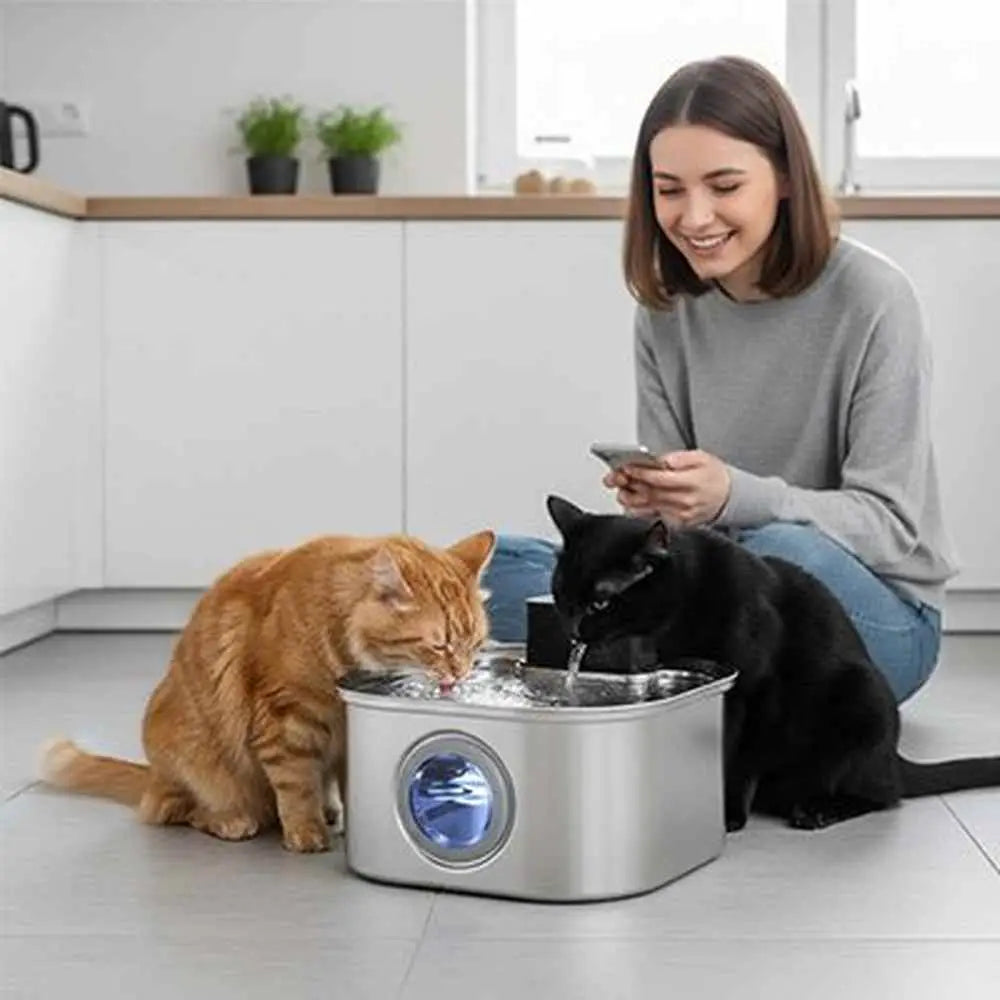 Fontaine à eau pour chat en acier inoxydable avec éclairage bleu, chat et chat noir à l’abreuvoir