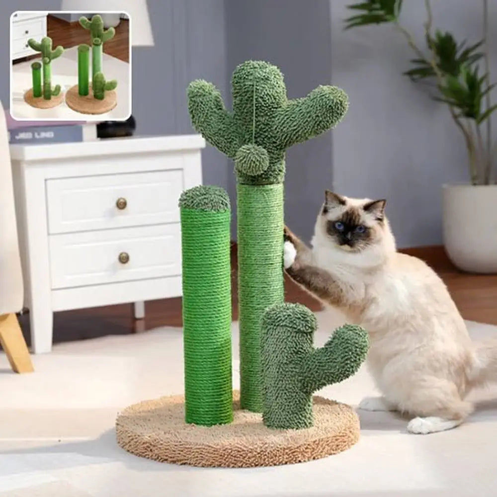 Griffoir à chat PawPerfect modern en forme de cactus vert, socle circulaire et bras.