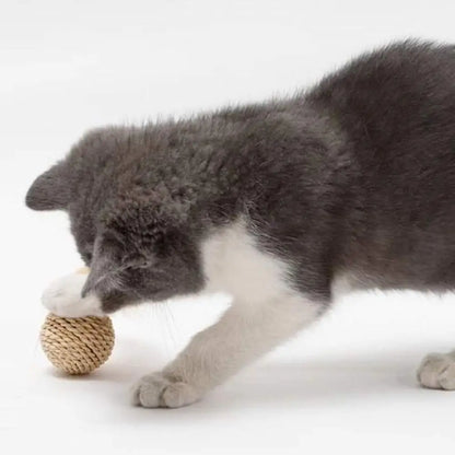 Jouet pour chat avec balle en corde tressée beige, pour la chasse et le jeu.
