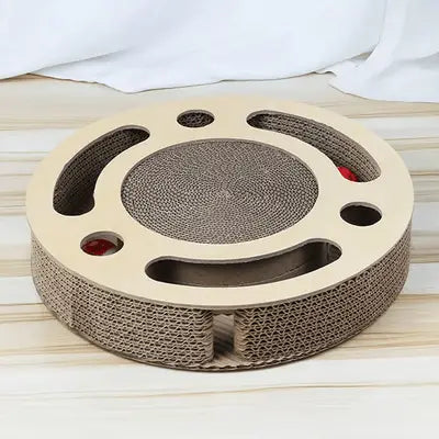 Grattoir chat circulaire en carton ondulé beige, avec quatre rainures et plateau central.