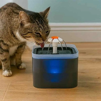 Fontaine à eau pour chat HydroSilence, boîtier foncé et jet central en LED bleue