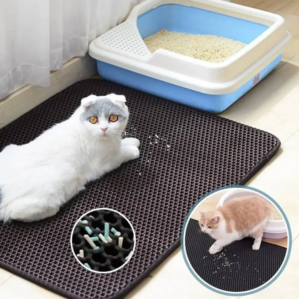 Tapis de litière pour chat double couche imperméable, alvéoles noires avec chat blanc