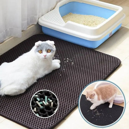 Tapis de litière pour chat double couche imperméable, alvéoles noires avec chat blanc