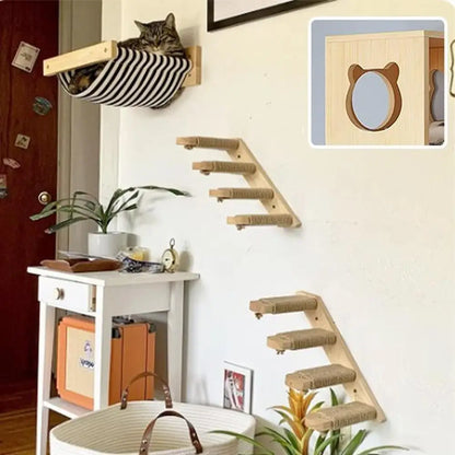 Arbre à chat mural en bois avec hamac rayé et plateformes rectangulaires