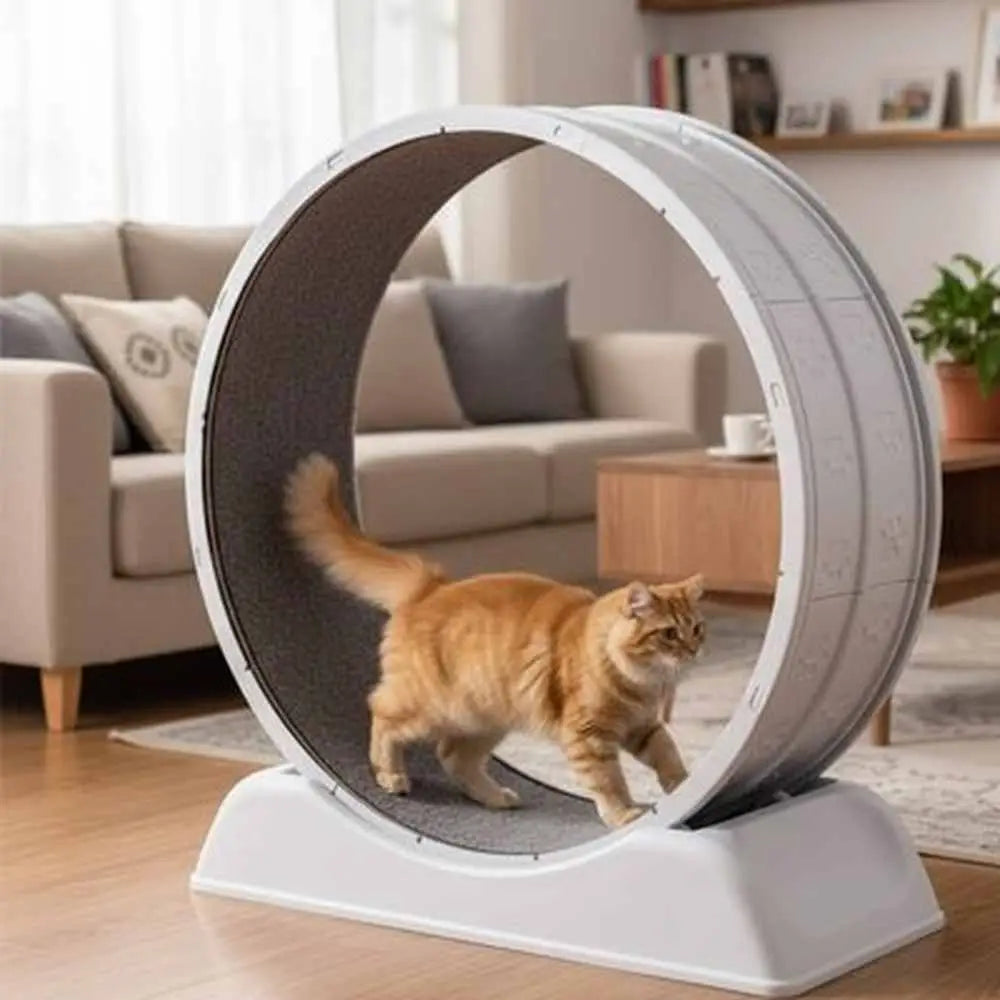 Jeu interactif pour chat, tapis roulant à roue : chat orange tigré dans la cabine