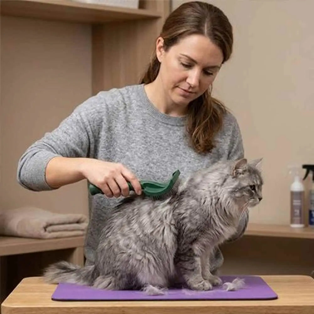 Brosse pour chat à poils longs anti-nœuds verte, tête incurvée à picots