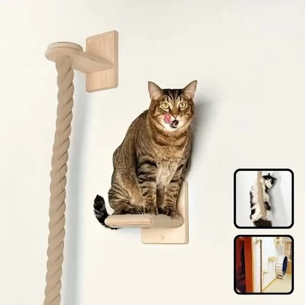 Arbre à chat mural en bois, poteau torsadé beige et plateau beige