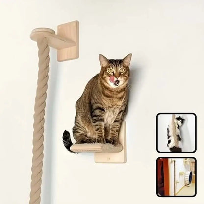 Arbre à chat mural en bois, poteau torsadé beige et plateau beige