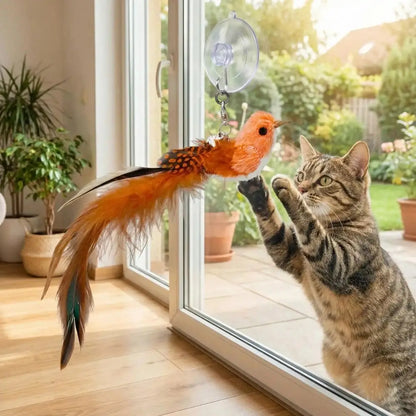 Baguette de jeu interactive pour chat avec oiseau orange et plumes, relié à une corde