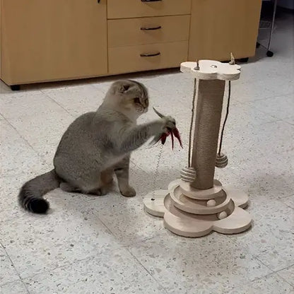Arbre à chat en bois avec poteau en sisal, base ronde à étages et jouet à ficelle