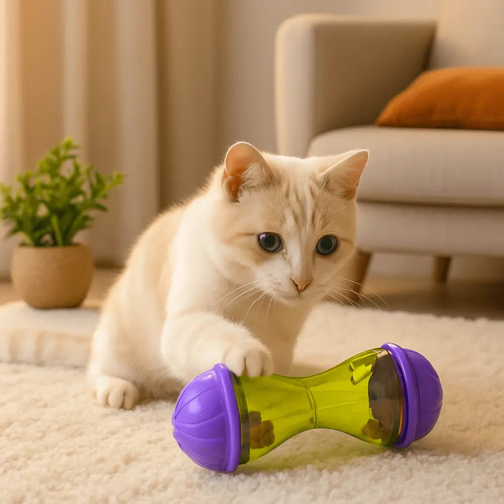 Jouet pour chat Instinct Félin en forme de bouteille transparente verte, embouts violets