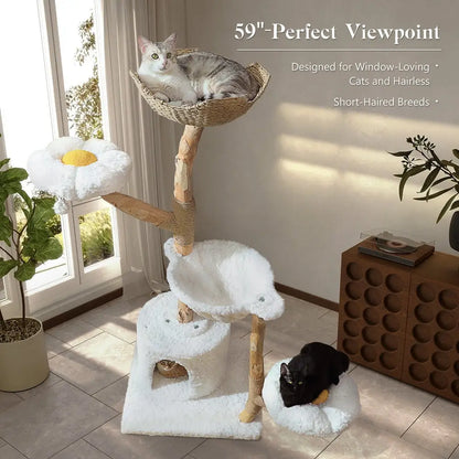 Arbre à chat blanc à plateformes moelleuses et griffoirs en corde de sisal