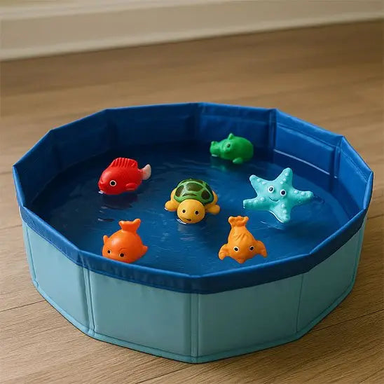 Piscine pour chat interactive bleue avec plusieurs jouets poissons colorés