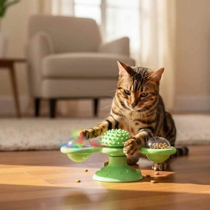 Moulin à vent pour chat, jouet vert avec coupelles transparentes et pics en caoutchouc