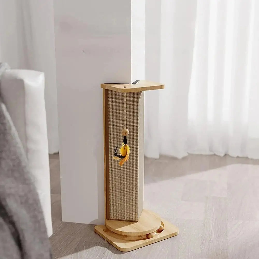 Griffoir pour chat CatScratcherPost™ marron, base rectangulaire et jouet suspendu