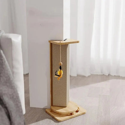 Griffoir pour chat CatScratcherPost™ marron, base rectangulaire et jouet suspendu