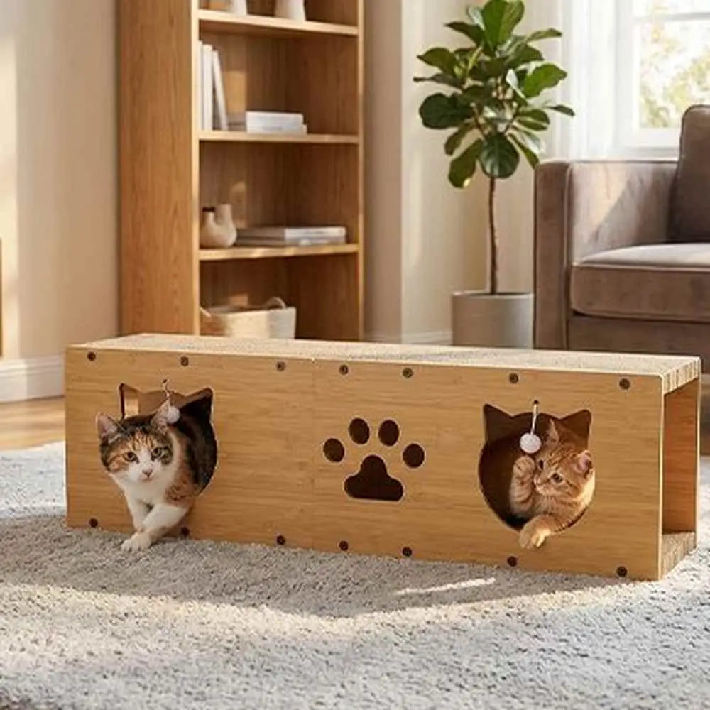 Griffoir pour chat en bois clair, dessus texturé de grattage, ouverture avec patte et grelot