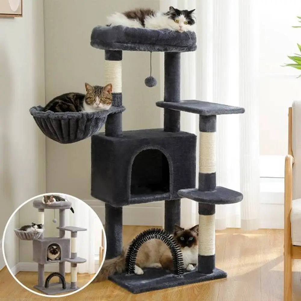 Arbre à chat compact multi-niveaux gris : niche, plateformes et griffoir arche en forme d’arche