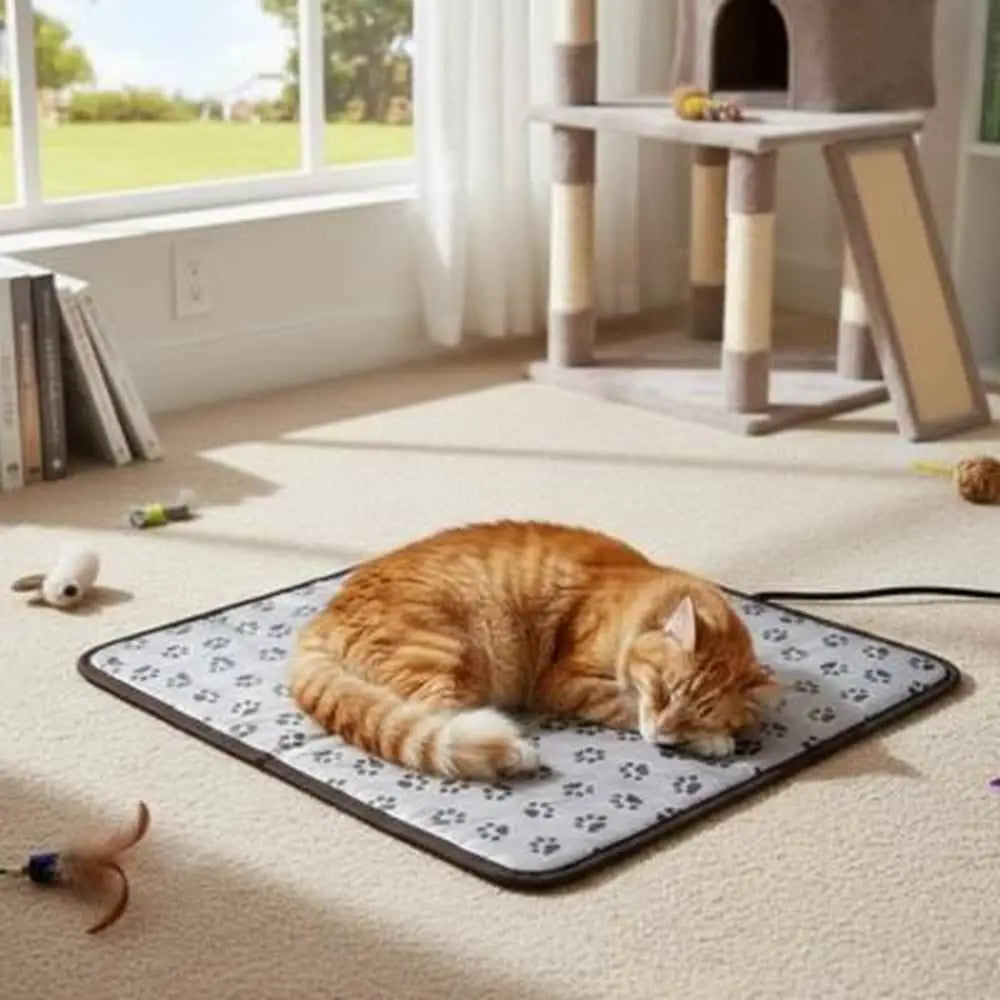 Tapis pour chat gris clair à motif pattes, bordure sombre, chat roux étendu.