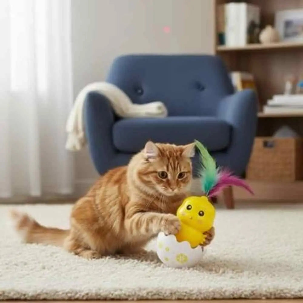 Jeu interactif pour chat : jouet poussin jaune à plumes multicolores.