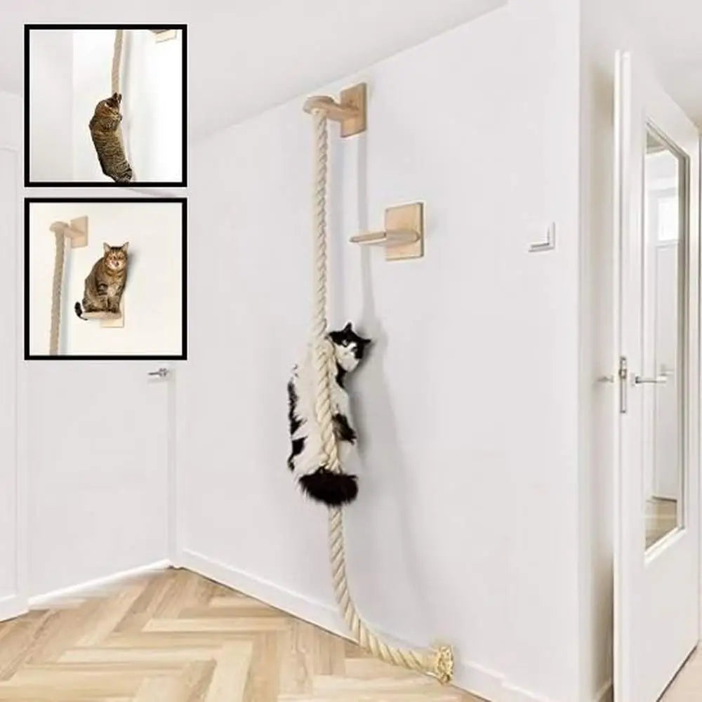Arbre à chat mural en bois, poteau torsadé beige et trois plateformes