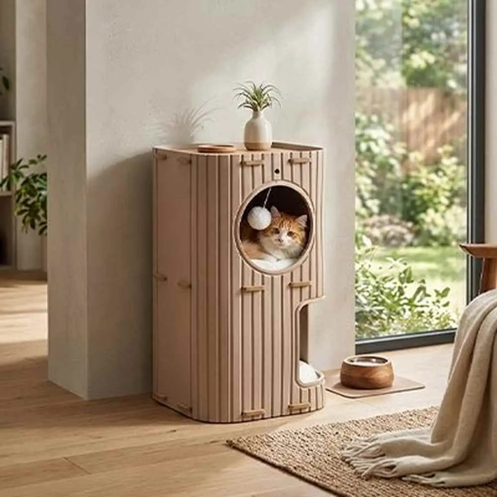 Niche pour chat beige clair avec entrée ronde, chat tigré regardant