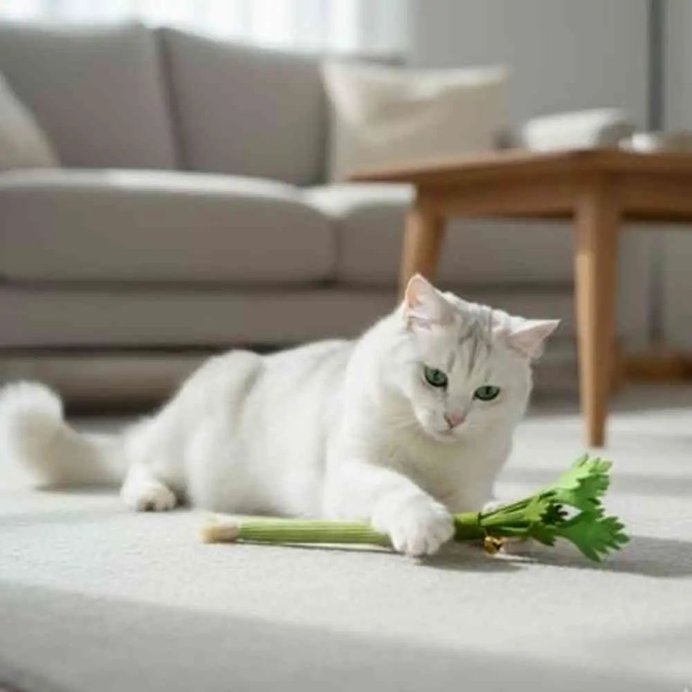 Bâton à mâcher pour chat vert, brins de feuilles et clochette dorée sur le bout