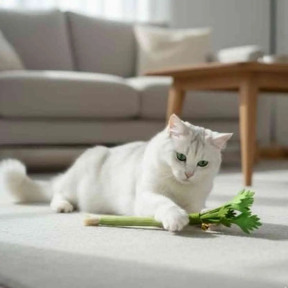 Bâton à mâcher pour chat vert, brins de feuilles et clochette dorée sur le bout