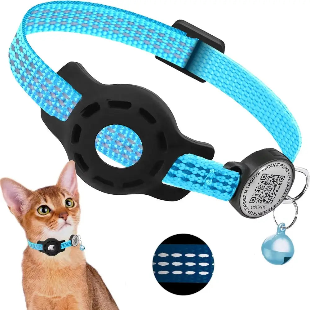 Collier anti-perte chat bleu avec support AirTag intégré, QR réfléchissant et clochette