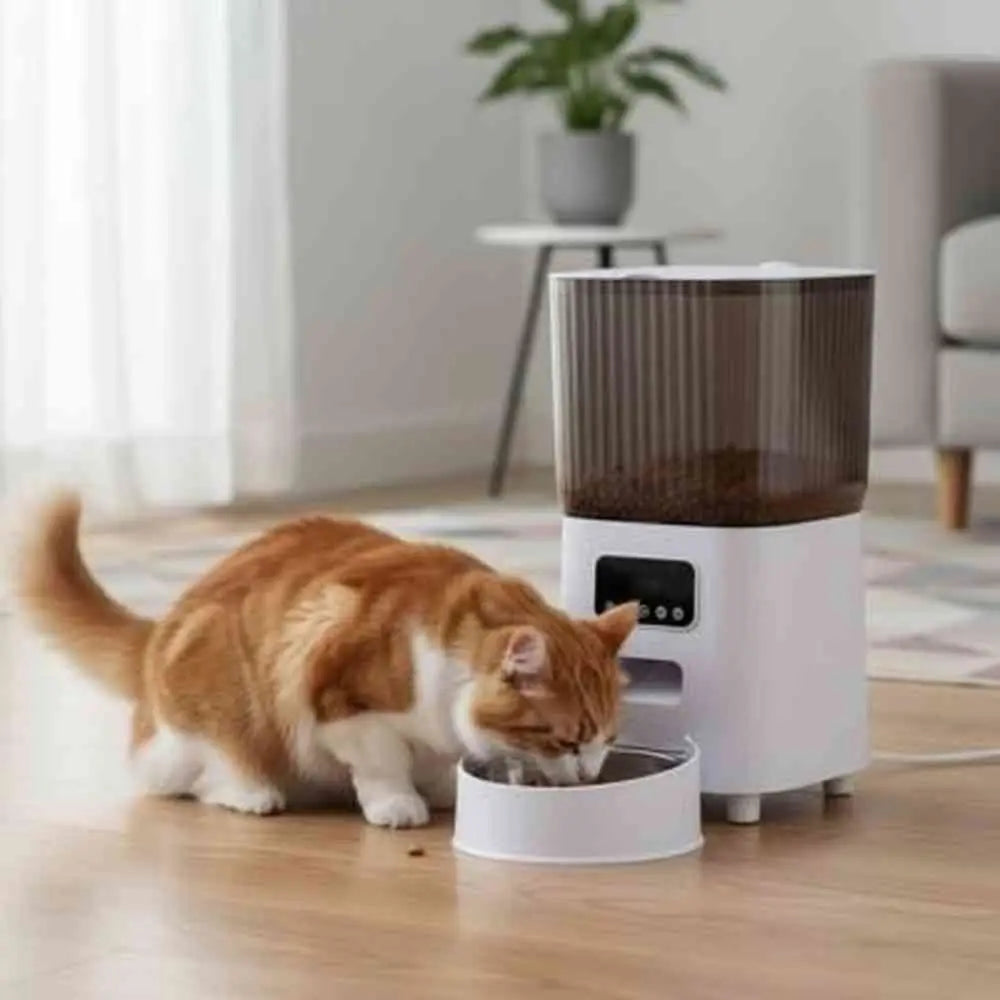 Distributeur de croquettes pour chat AutoFeeder blanc; chat tigré mange au bol de croquettes
