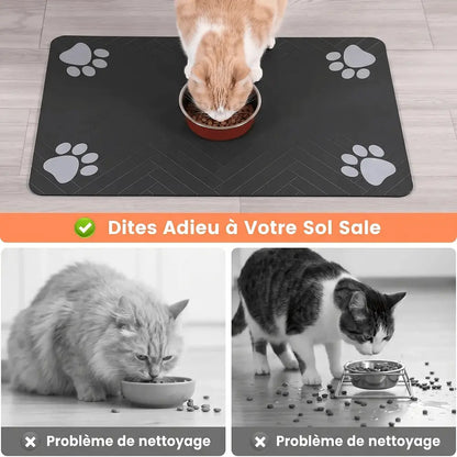 Tapis de gamelle pour chat antidérapant en tissu gris foncé avec motifs pattes blanches