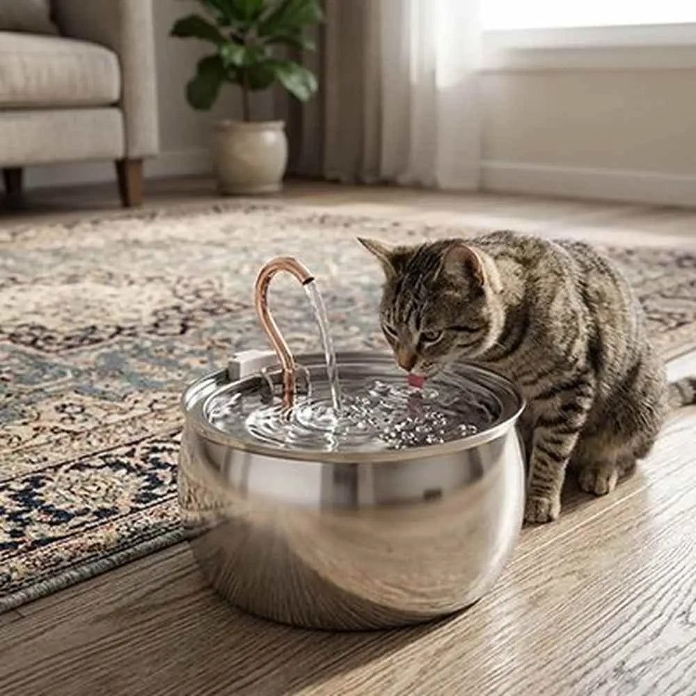 Fontaine à eau pour chat avec bassin inox et bec cuivré, eau en jet devant le chat.
