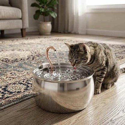 Fontaine à eau pour chat avec bassin inox et bec cuivré, eau en jet devant le chat.