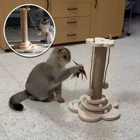 Arbre à chat en bois avec poteau à griffer, base à niveaux et jouet suspendu