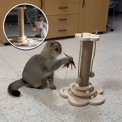 Arbre à chat en bois avec poteau à griffer, base à niveaux et jouet suspendu