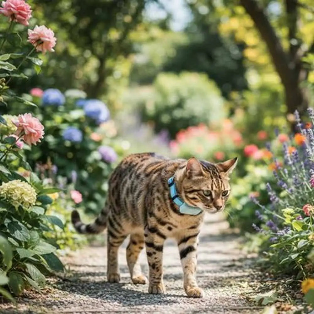 Collier GPS pour chat bleu sur chat tigré, marchant près des fleurs.