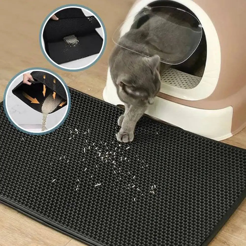 Tapis de litière pour chat double couche imperméable, alvéoles noires avec chat gris