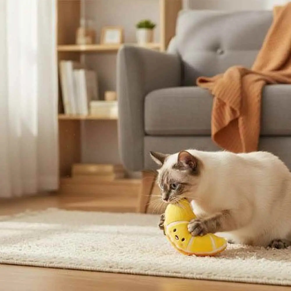 Jouet pour chat interactif : peluche à macher jaune en forme de petit poisson