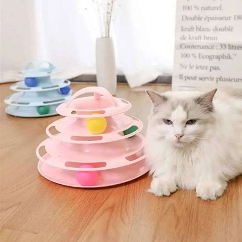 Deux jouets pour chat circuit de balles 3 niveaux, rose et bleu clair, trois plateaux