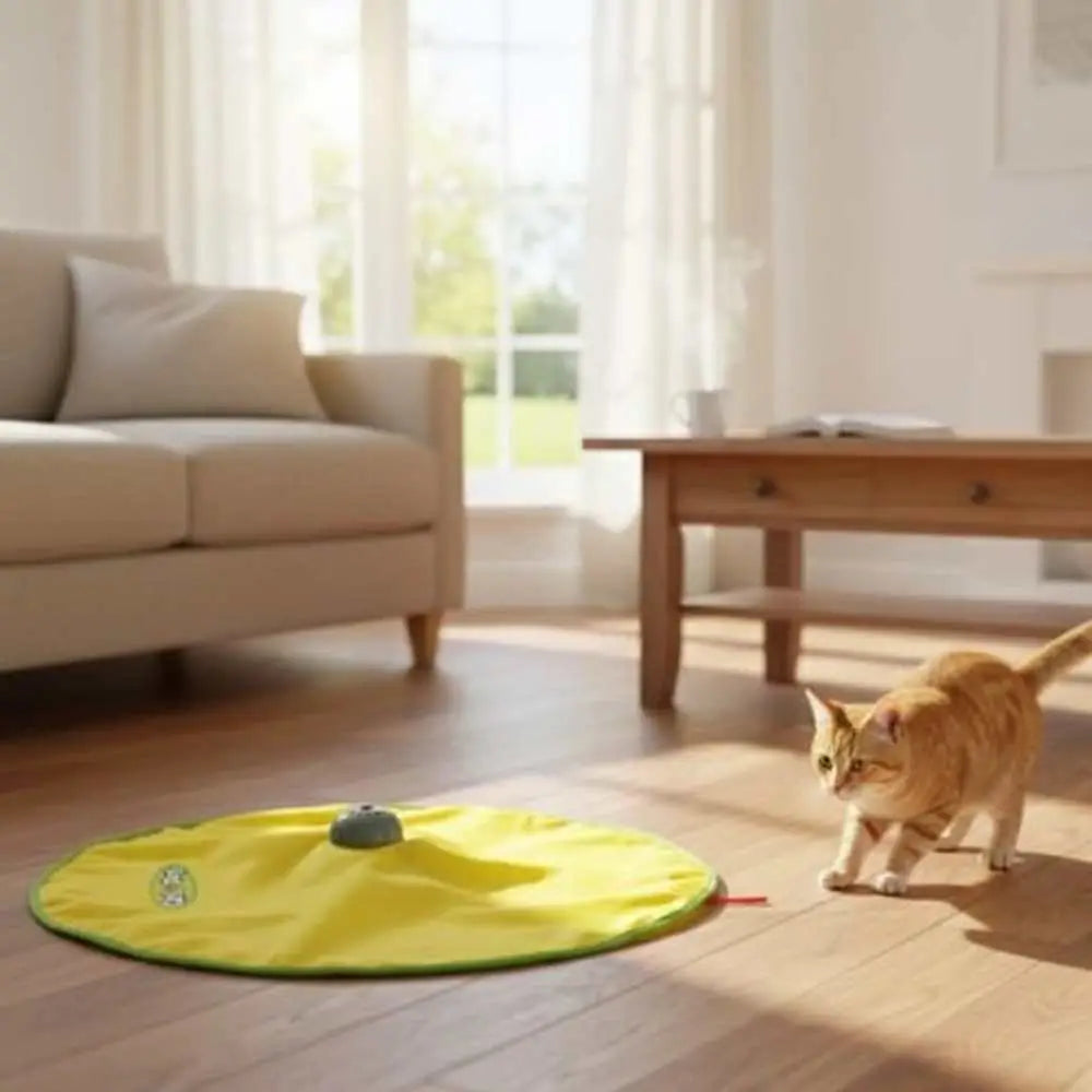 Tapis de jeu jaune pour chat avec balle grise et motif sur la surface