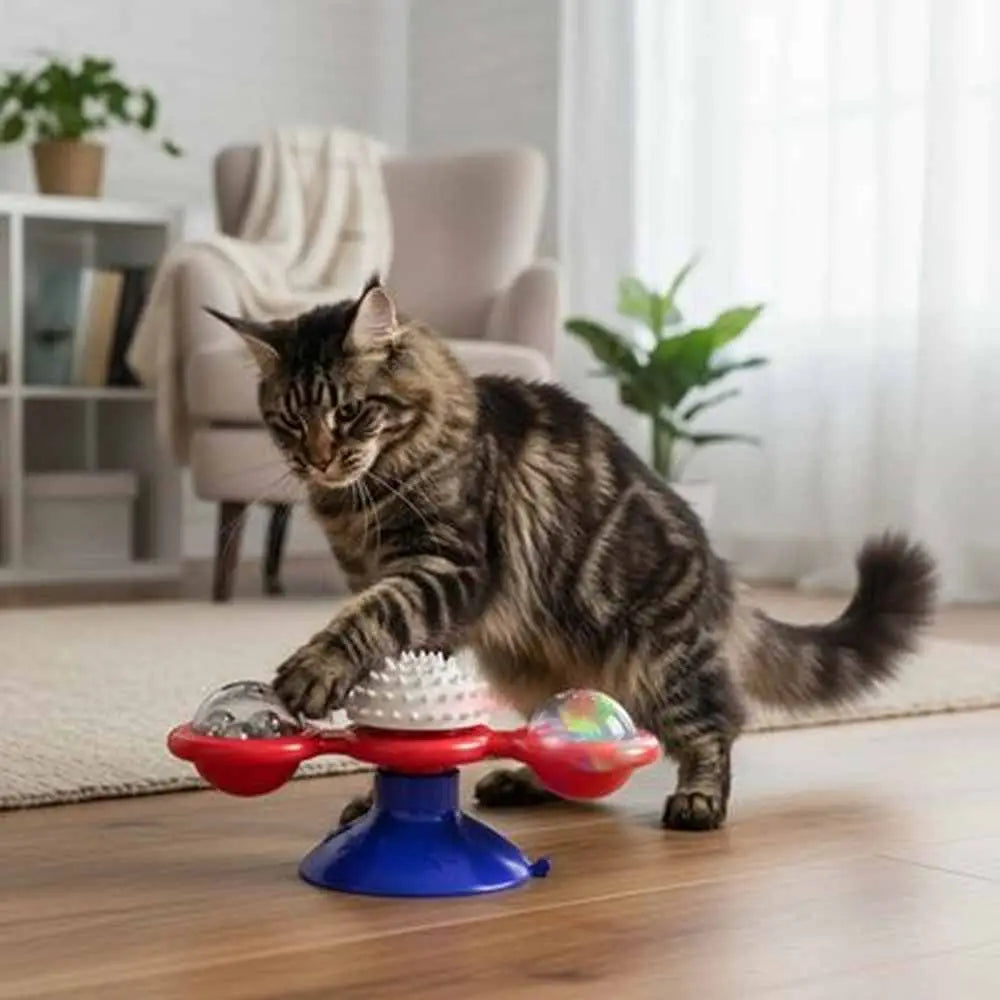 Moulin à vent pour chat, jouet rouge et bleu avec pics blancs sur l’axe