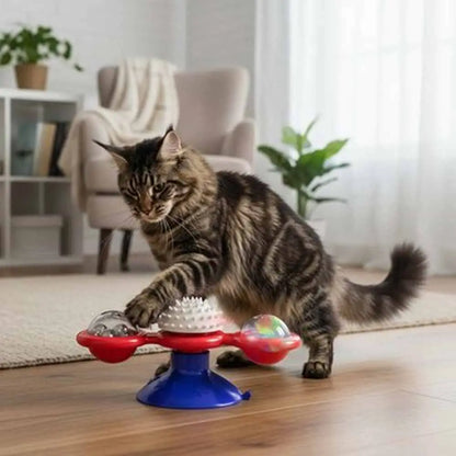Moulin à vent pour chat, jouet rouge et bleu avec pics blancs sur l’axe