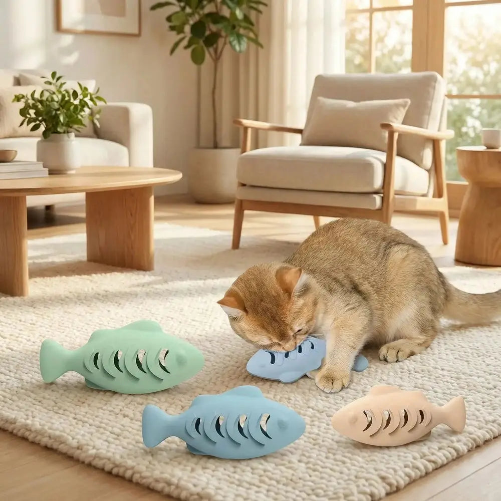 Jouet poisson distributeur de friandises pour chat, poissons bleu, vert et beige.