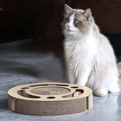 Grattoir chat circulaire beige avec plateau central à griffer et ouvertures latérales.