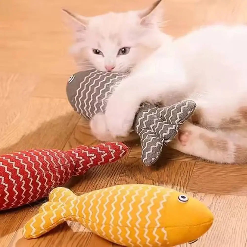 Jouet pour chat en peluche poisson zigzag gris et jaune, yeux ronds