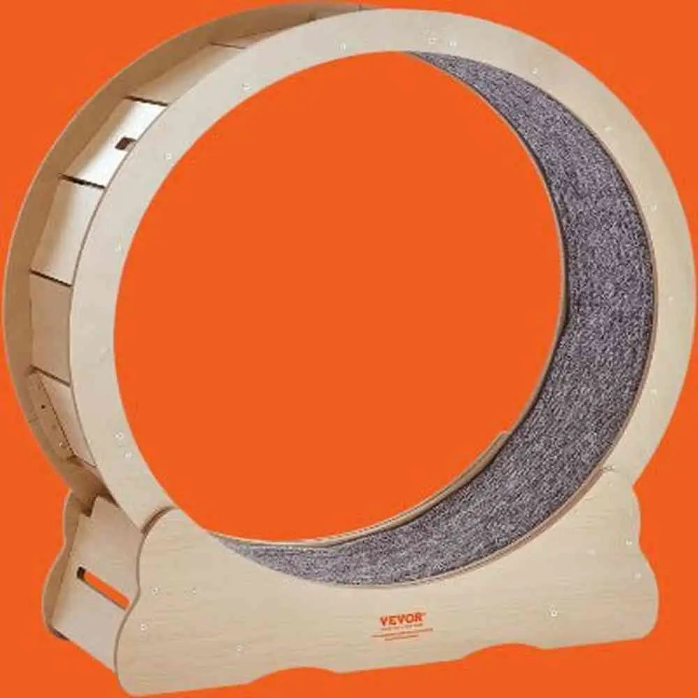 Roue pour chat KittyTread™ beige et tapis de course gris, vue latérale